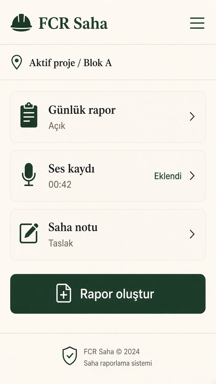 FCR Saha günlük rapor, ses kaydı ve saha notu